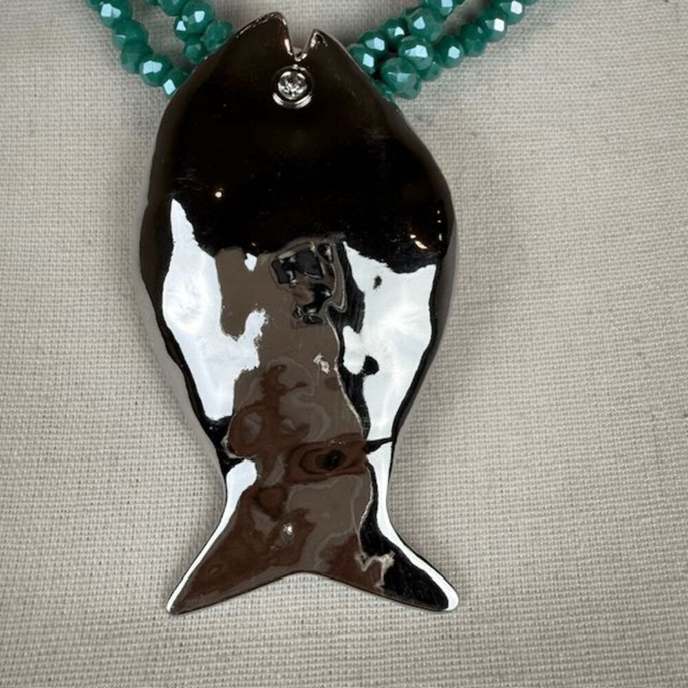 NWT Bone Fish Statement Necklace and Earrings Set Silver Tone Turquoise Beads - Picture 2 of 10